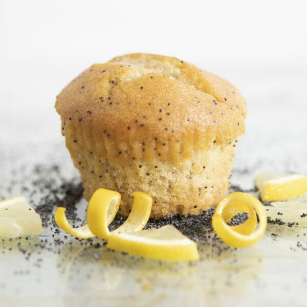 Lemon Poppy Seed gluten-free muffin surrounded by lemon zest and poppy seeds.